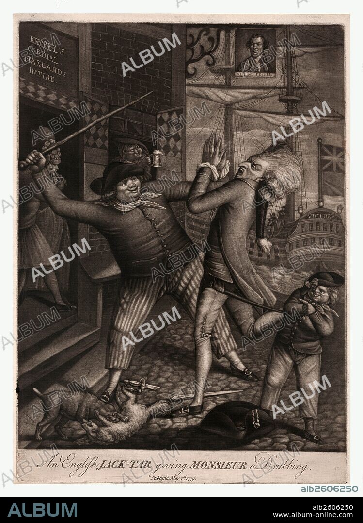 An English jack-tar giving monsieur a drubbing, London : Robert Sayer, en sanguine engraving 1779, The Victory is associated with the French and British naval battle off Ushant in July 1778. The reference to Keppler is acrimonious, as he was court martialled as the result of his conduct during battle. Harland was Keppel's second in command. Sayer sides with Keppel, who had been set up by Sir Hugh Palliser following the stalemate of a battle. Keppel, who won acquittal without comment, was championed by the common sailors.