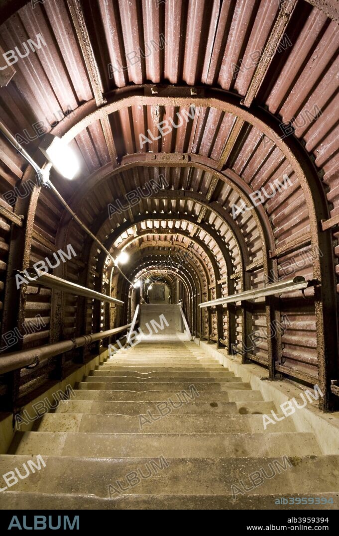Secret wartime tunnels, Hellfire Corner, Dover Castle, Kent, 2009. Interior view showing the stairs down from the Tank Room to Dumpy Level.