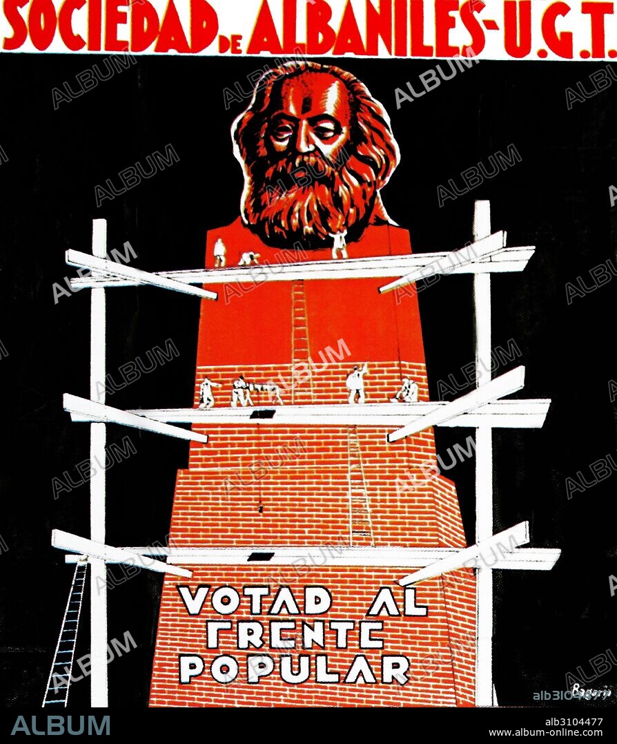 1936 Spanish left wing election poster, showing the construction of a giant statue of Karl Marx with the slogan ' Vote for the popular Front'.