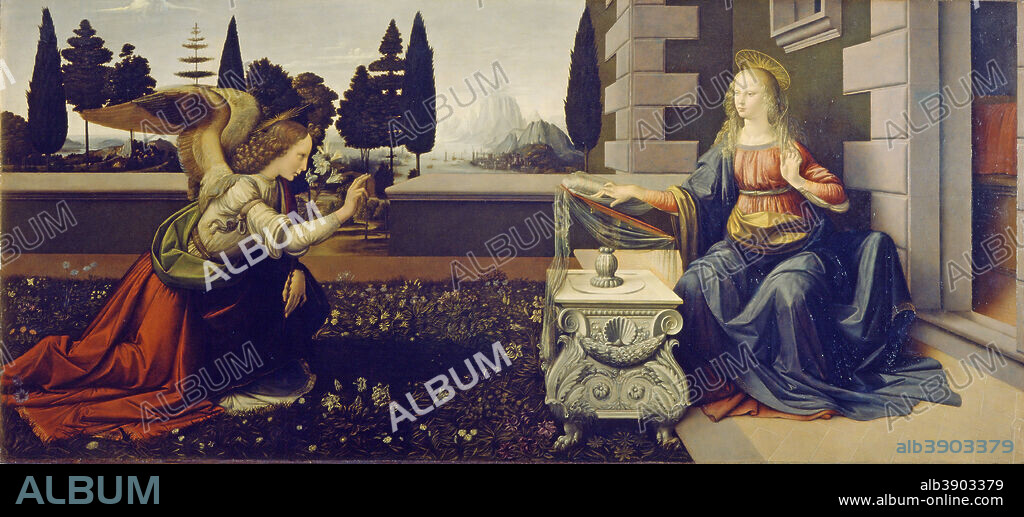 LEONARDO DA VINCI. The Annunciation. Date/Period: Ca. 1472. Painting. Oil on panel. Height: 98 cm (38.5 in); Width: 217 cm (85.4 in).