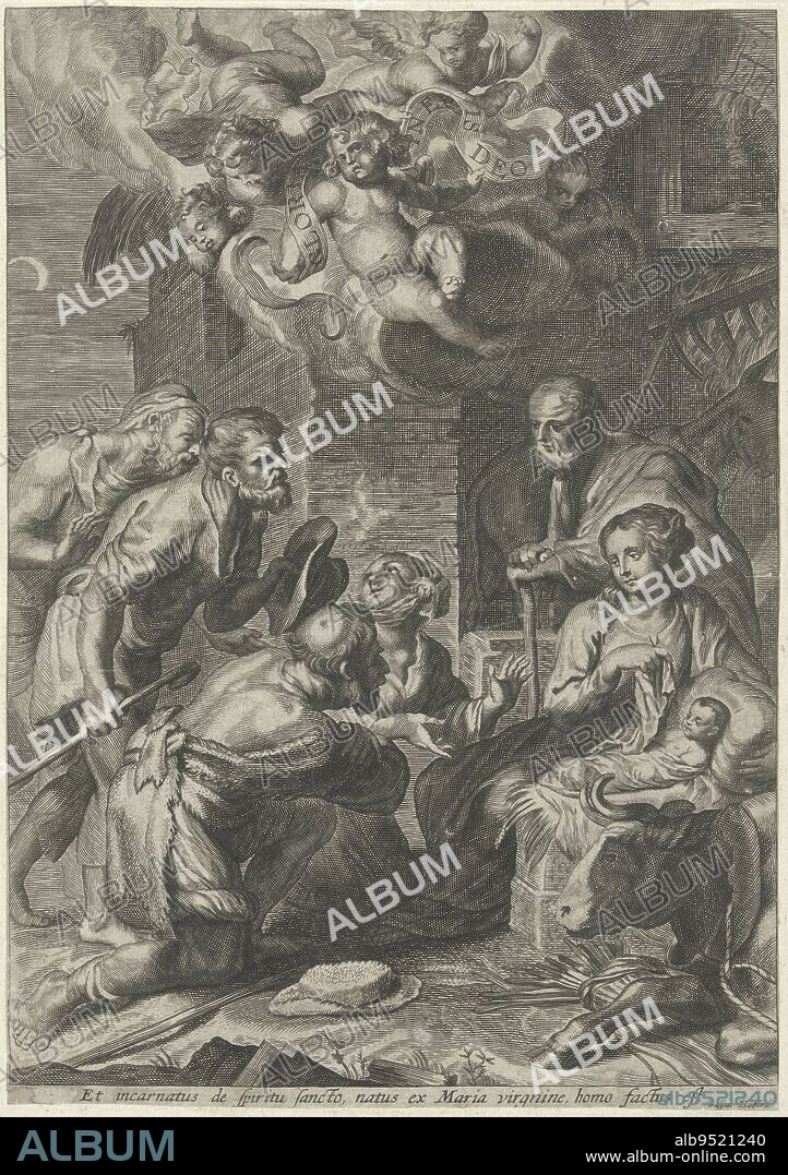 Bottom line in Latin, Adoration by the shepherds, print maker: Gaspar Huybrechts, (mentioned on object), Antwerp, 1661 - 1684, paper, engraving, h 276 mm × w 194 mm.