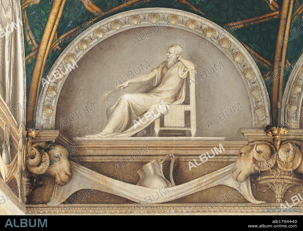 Frescoes in the Camera della Badessa at the Convent of St Paolo in Parma, by Antonio Allegri known as Correggio, 1519 about, 16th Century, fresco, cm 697 x 645. Italy, Emilia Romagna, Parma, San Paolo Monastery, Camera della Badessa. Detail. Wall monochrome lunette man beard chair branch. Authorization required for non editorial use.