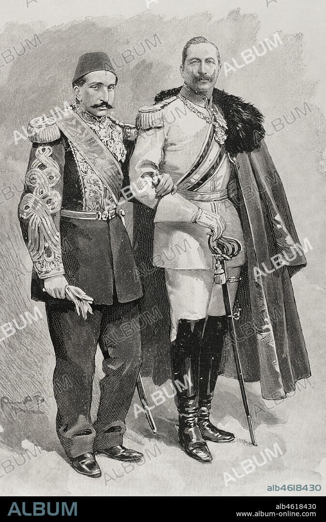 Viaje de los emperadores de Alemania a Tierra Santa (octubre de 1898). Constantinopla. El sultán Otomano Abdul Hamid II (1842-1918) junto al emperador alemán Guillermo II (1859-1941). Grabado. La Ilustración Española y Americana, 1898.