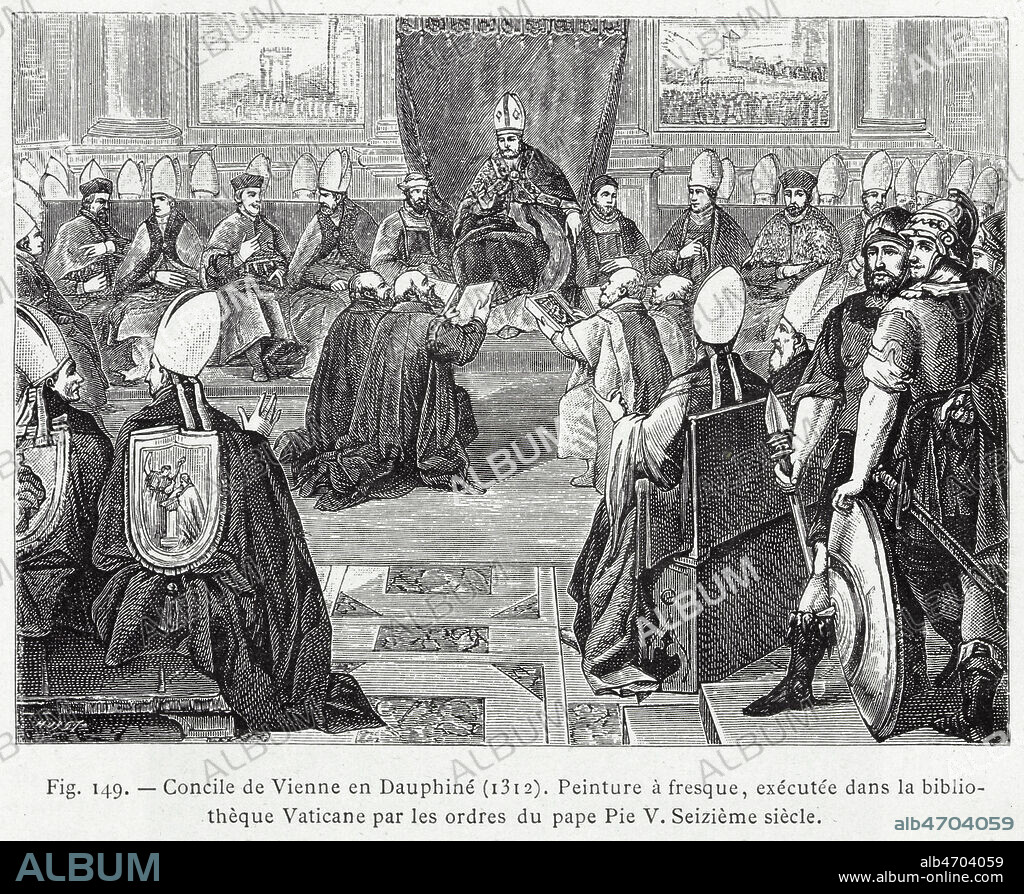 Lors du Concile de Vienne en Dauphine en 1312, le pape CLEMENT V (1264-1314) supprime l'ordre du Temple a la demande de PHILIPPE IV le Bel (1268-1314). Gravure reprenant une peinture a fresque de la bibliotheque vaticane du 16eme s, tiree de l'ouvrage de LACROIX 'Vie militaire au Moyen Age'. Credit : Collection KHARBINE-TAPABOR.