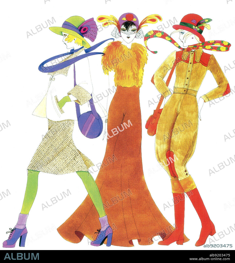 Entitled; "Destiny fashion illustration by Caroline Smith, 1970." Caroline Smith was a fashion illustrator who used geometric shapes, bright colors, and heart-shaped faces. Her work graced the pages of Harper's Bazar, Queen, Elle and Cosmopolitan magazine. Fashion is a distinctive and often habitual trend in the style in which a person dresses. It is the prevailing styles in behavior and the newest creations of textile designers. Prior to the mid-19th century, most clothing was custom-made. It was handmade for individuals, either as home production or on order from dressmakers and tailors. By the beginning of the 20th century, with the rise of new technologies such as the sewing machine, the development of the factory system of production, and the emergence of department stores, clothing had increasingly come to be mass-produced in standard sizes and sold at fixed prices.