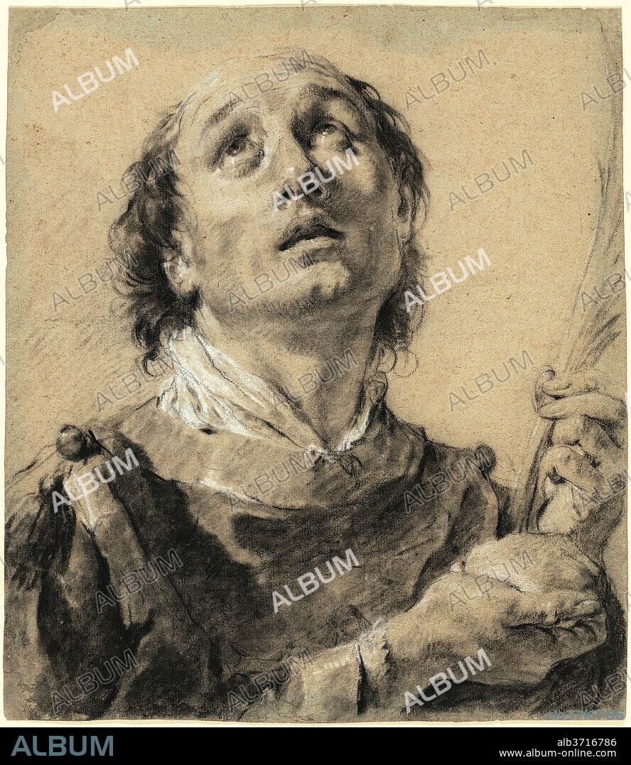 GIOVANNI BATTISTA PIAZZETTA. Saint Stephen. Dated: late 1730s. Dimensions: overall: 40.4 x 35.4 cm (15 7/8 x 13 15/16 in.). Medium: black and white chalks on (faded) blue laid paper.