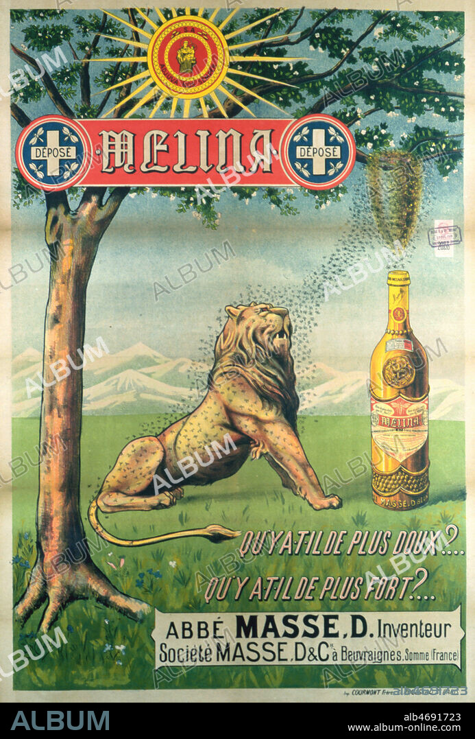 Lion face a un nid de guepes. Affiche publicitaire pour l'aperitif Melina illustree par CARRE (1878-1942) vers 1910. Credit : Coll. Perrin/KHARBINE-TAPABOR.