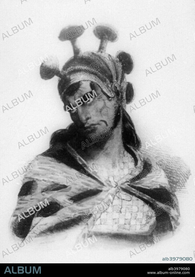 Hawaiian warrior wearing a helmet with a mushroom ornamented crest, 1819. It is thought that this helmet was not covered with feathers but worn by the lesser chiefs and warriors. Found in the collection of the Bernice Pauahi Bishop Museum, Honolulu.