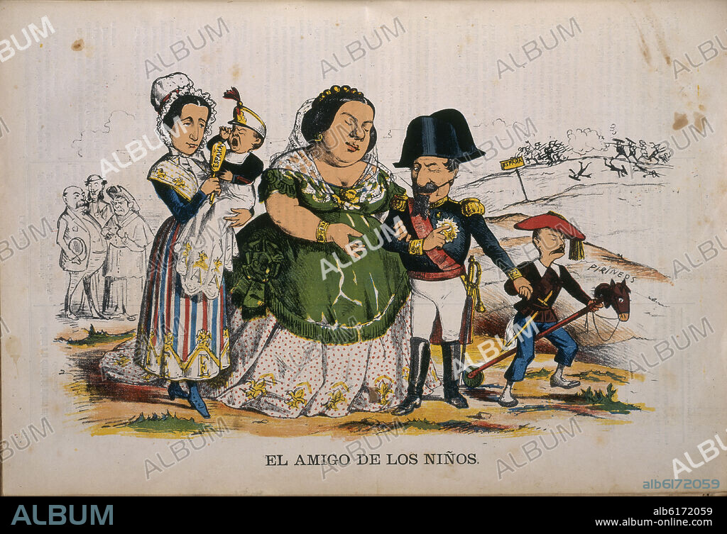 CARICATURA DEL PROBLEMA SUCESORIO DE ISABEL II-CROMOLITOGRAFIA DEL SEMANARIO REPUBLICANO FEDERAL LA FLACA - 1870.