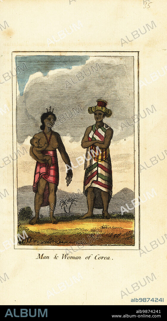 Man, woman and baby of Corea, Korea, 1818. Handcoloured copperplate engraving from Mary Anne Vennings A Geographical Present being Descriptions of the Principal Countries of the World, Darton, Harvey and Darton, London, 1818. Venning wrote educational books on geography, conchology and mineralogy in the early 19th century.