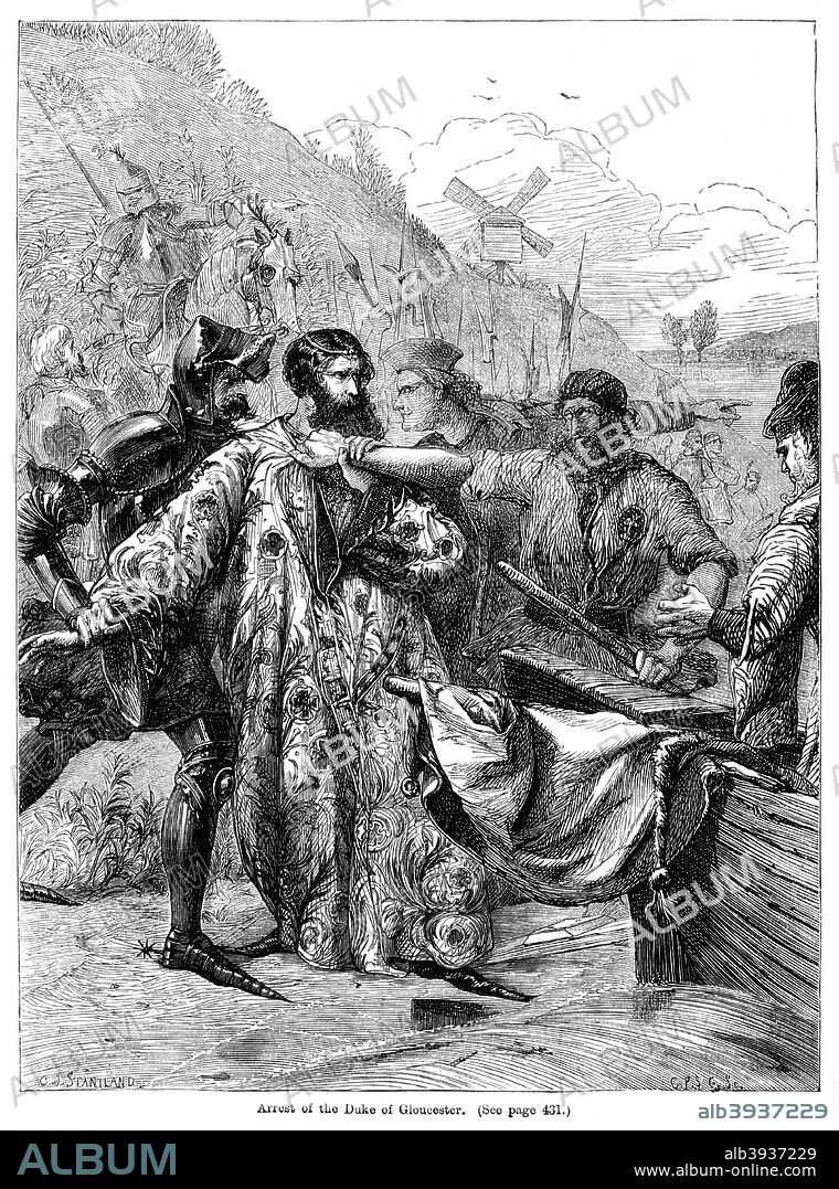 'Arrest of the Duke of Gloucester', 1397. Thomas of Woodstock, 1st Duke of Gloucester (1355-1397) was the thirteenth and youngest child of King Edward III and Queen Philippa. He was the leader of the Lords Appellant, a group of powerful nobles, whose ambition to wrest power from King Richard II (Thomas' nephew) culminated in a successful rebellion in 1388 which significantly weakened the king's power. Richard managed to dispose of the Lords Appellant in 1397 and Thomas was imprisoned in Calais to await trial for treason. He was, however, murdered the same year by Nicholas Colfox, presumably on behalf of Richard, causing an outcry amongst the nobility of England which is considered by many to have added to Richard's unpopularity. From Cassell's Illustrated History of England.