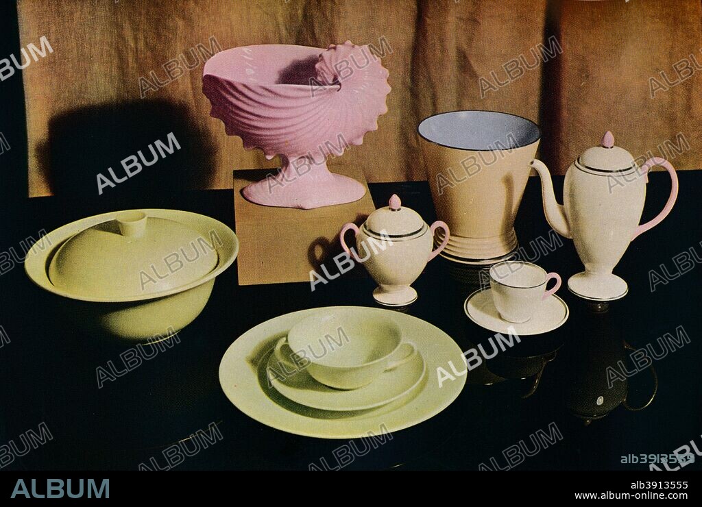 'Some of the latest product of the Wedgwood Etruria factory, including Alpine Pink, April Green and the two-colour Sylphides ware', 1936. The Etruria Works was a ceramics factory opened by Josiah Wedgwood in 1769 in Stoke-on-Trent, Staffordshire, England. From The Studio Volume 112 [London Offices of the Studio, London, 1936.].
