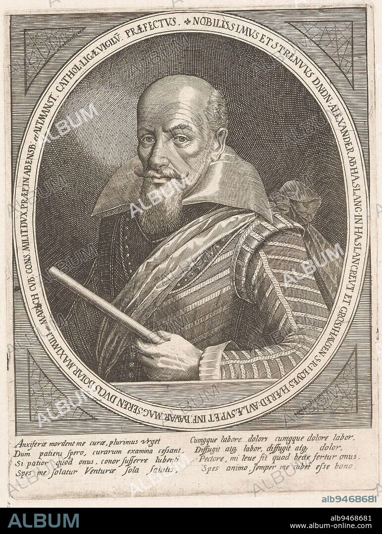 Portrait of Alexander von Hasslang, Isaac Brun, 1620 - 1657, print maker: Isaac Brun, print maker: anonymous, Lucas Kilian, (possibly), Germany, 1620 - 1657, paper, engraving, h 174 mm - w 132 mm.