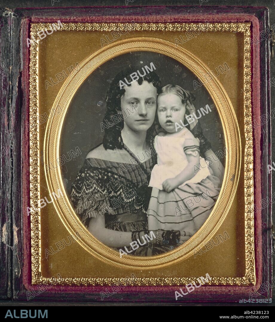 Mother and Child, c. 1855. Unidentified Photographer. Daguerreotype, applied color, sixth-plate; image: 8.3 x 7 cm (3 1/4 x 2 3/4 in.); case: 9.2 x 8.1 x 1.6 cm (3 5/8 x 3 3/16 x 5/8 in.); matted: 61 x 50.8 cm (24 x 20 in.).