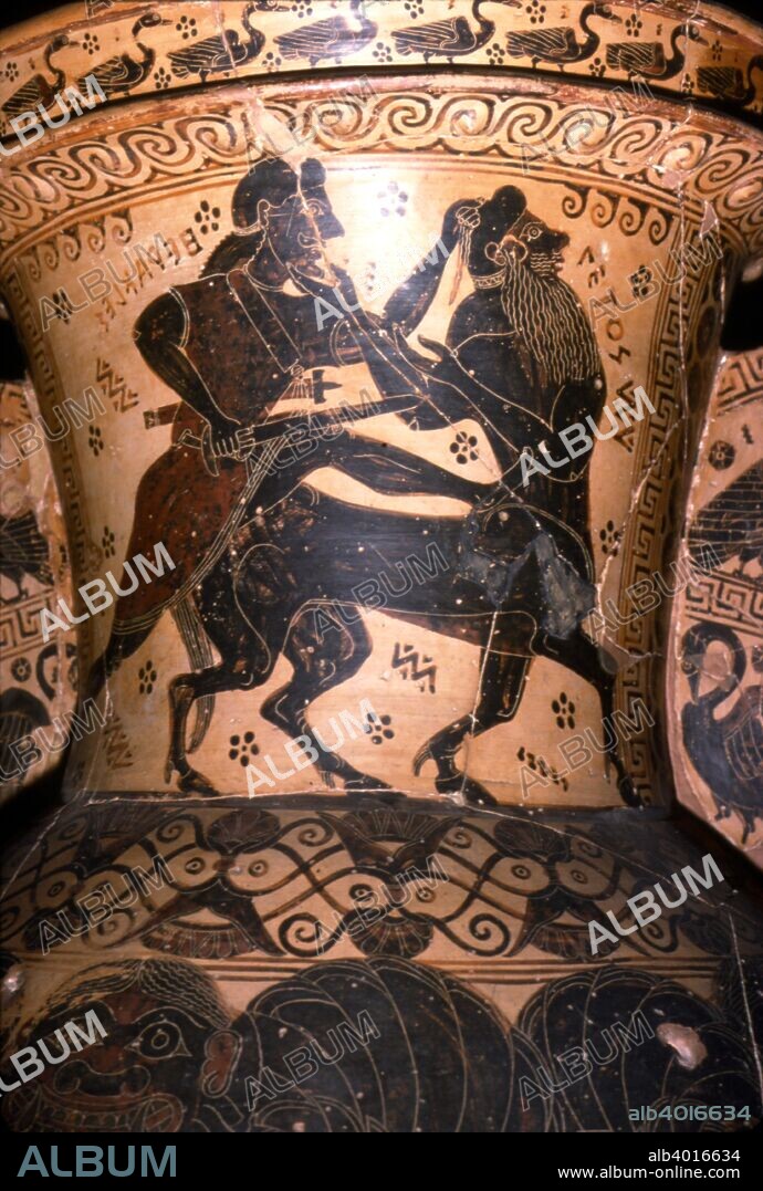 Hercules and the Centaur Setos, Detail of Greek Pot, Corinthian, c7th century BC.The Nessos Painter was a pioneer of Attic black-figure vase painting. He is considered to be the first Athenian to adopt the Corinthian style who went on to develop his own style and introduced innovations. At National Museum, Athens.