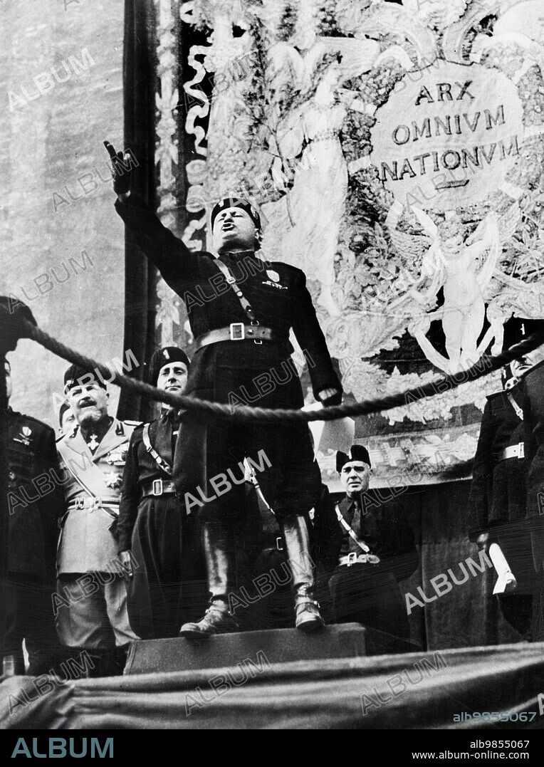 Benito Mussolini, Prime Minister of Italy and fascist dictator, giving speech, Rome, Italy, U.S. Office of War Information, August 1936.