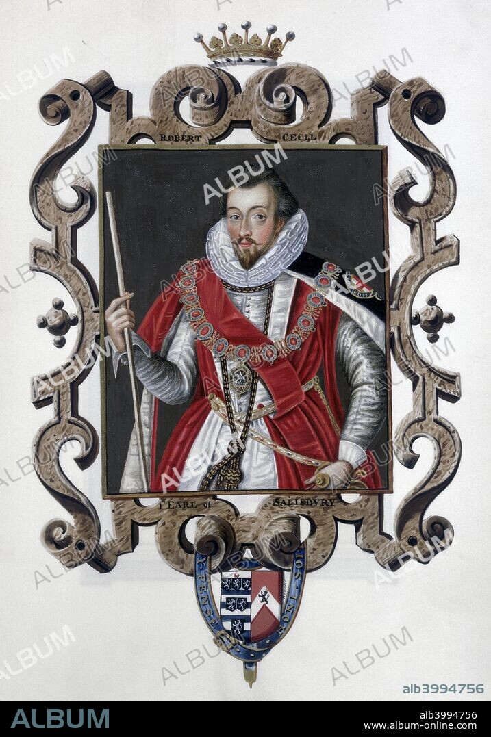 Robert Cecil, 1st Earl of Salisbury, English statesman, (1825). The son of William Cecil, Lord Burghley, chief advisor to Elizabeth I, Robert Cecil (1563-1612) was appointed Secretary of State in 1590 and succeeded his father as the queen's senior minister after his death in 1598. After Elizabeth died in 1603 he remained as Secretary of State to King James I. From Memoirs of the Court of Queen Elizabeth, published in 1825.