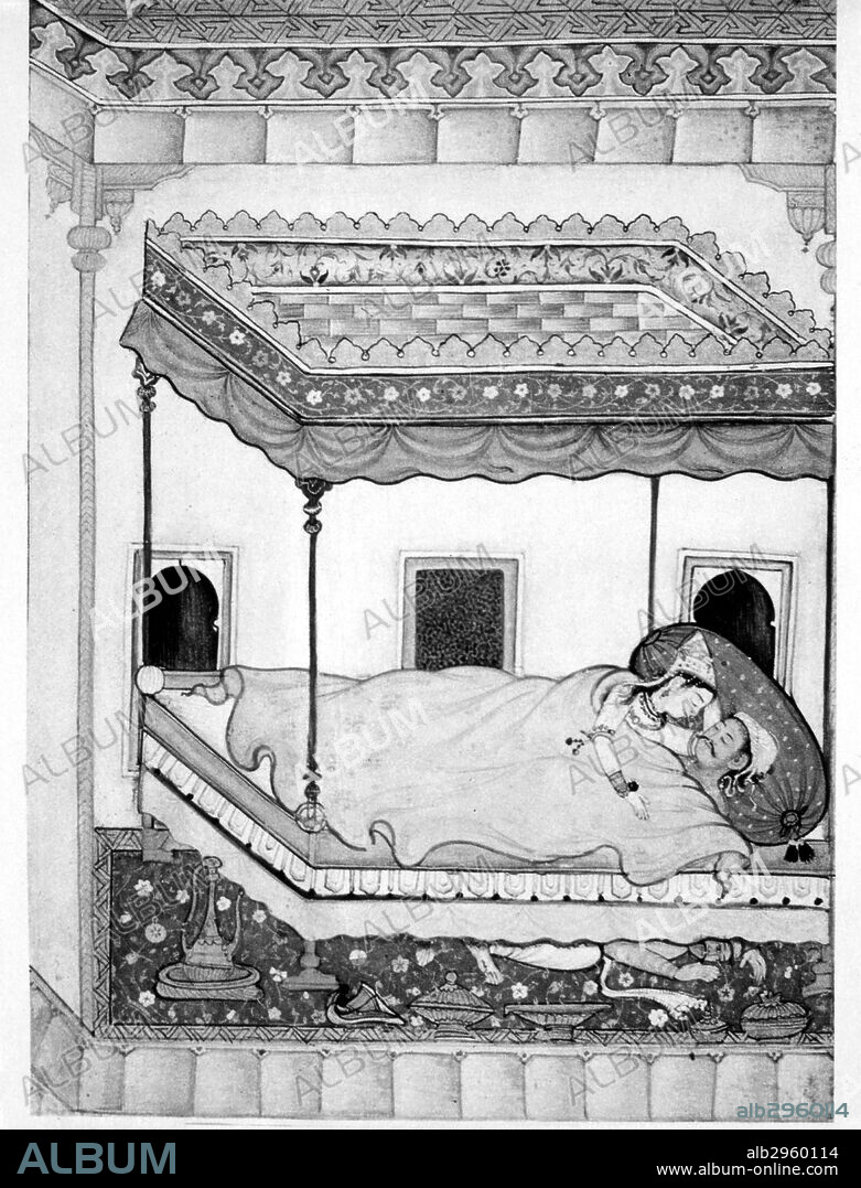 INDIA: LOVERS, 1570.Lovers oblivious to the interloper beneath their bed. Indian manuscript illumination, 1570.