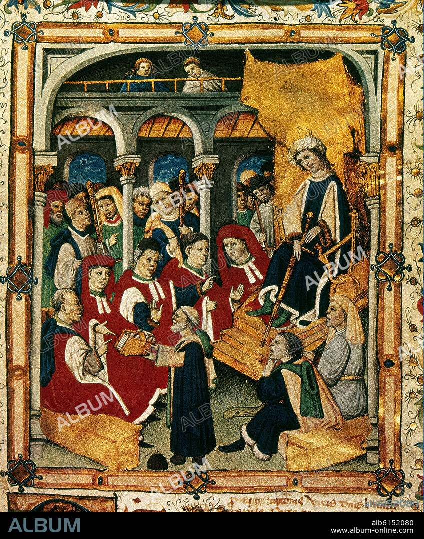 BERNAT MARTORELL (1390-1452). LA REINA MARIA DE ARAGON (1361-1399) ESPOSA DE MARTIN EL JOVEN CON SUS CONSEJEROS - LIBRO DE COMENTARIOS A LOS USATGES - 1448.