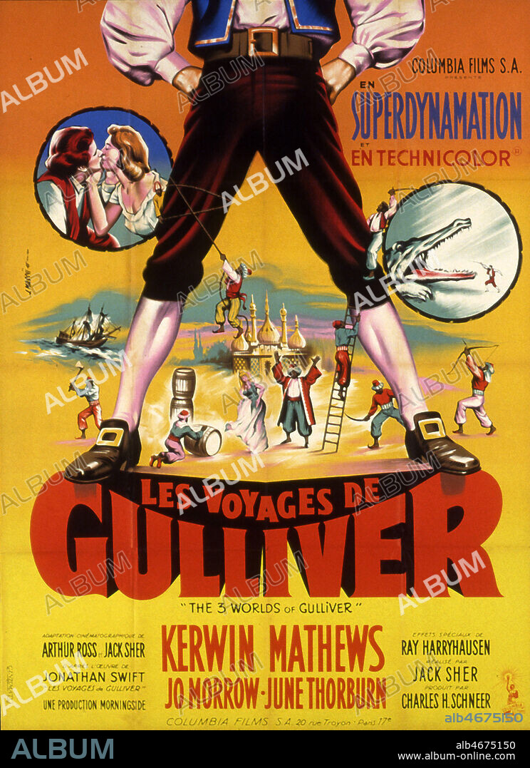 Affiche du film 'Les voyages de Gulliver ' realise en 1960 par Jack SHER (ne en 1933) d'apres Jonathan SWIFT (1667-1745). Illustration de Jean MASCII (1926-2003). ADAGP. Credit : Coll. Perron/KHARBINE-TAPABOR.