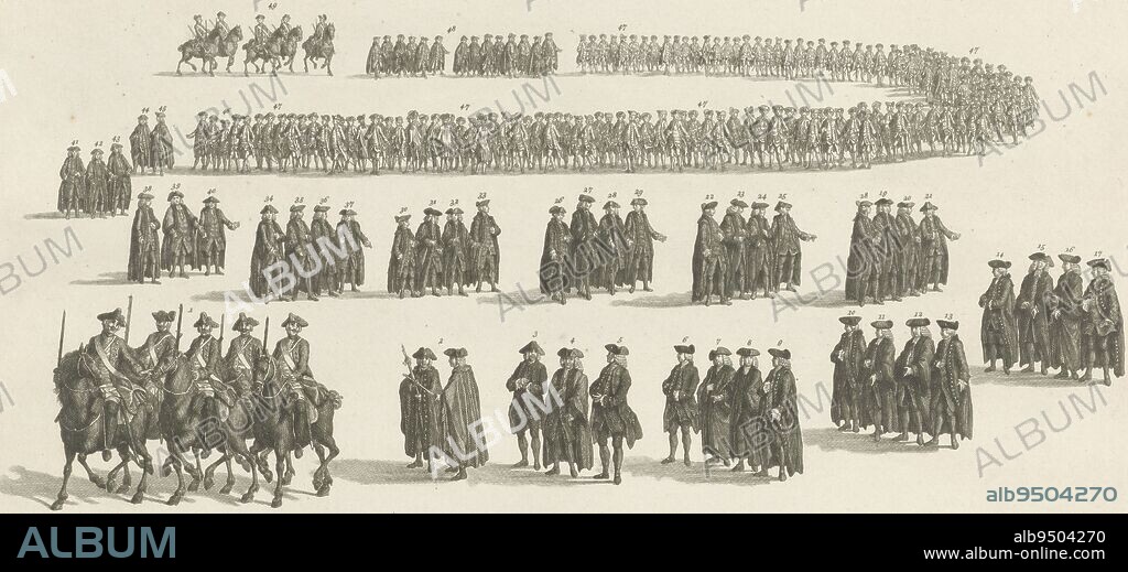Parade at the Second Centenary of the Leiden University, 1775, Noah van der Meer (II), 1775, Parade on February 8, 1775 at the celebration of the Second Centenary of the founding of the University of Leiden. The procession of professors, administrators and students on their way from the Academy Building to the Pieterskerk in Leiden. In the caption the legend with the names of people depicted. This print is accompanied by a second print showing the procession on February 9, 1775., print maker: Noach van der Meer (II), (mentioned on object), intermediary draughtsman: Noach van der Meer (II), (mentioned on object), Amsterdam, 1775, paper, etching, engraving, h 231 mm × w 350 mm.