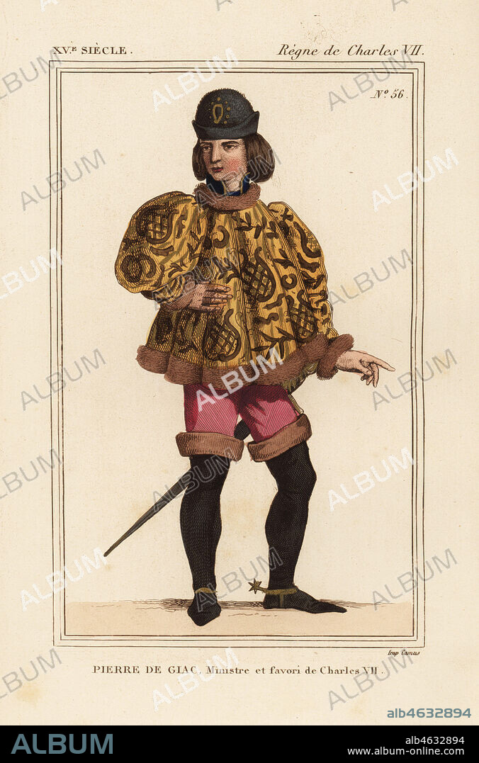 Pierre de Giac, chamberlain to King Charles VII from 1377-1426. Executed by drowning at Dun-Le-Roi. He wears a short cassock with mahoitres sleeves, pink pantalons and boots with spurs. Handcoloured lithograph after a miniature in a manuscript Histoire du comte Gerard de Nevers in Roger de Gaignieres' portfolio VI 91 from Le Bibliophile Jacob aka Paul Lacroix's Costumes Historiques de la France (Historical Costumes of France), Administration de Librairie, Paris, 1852.