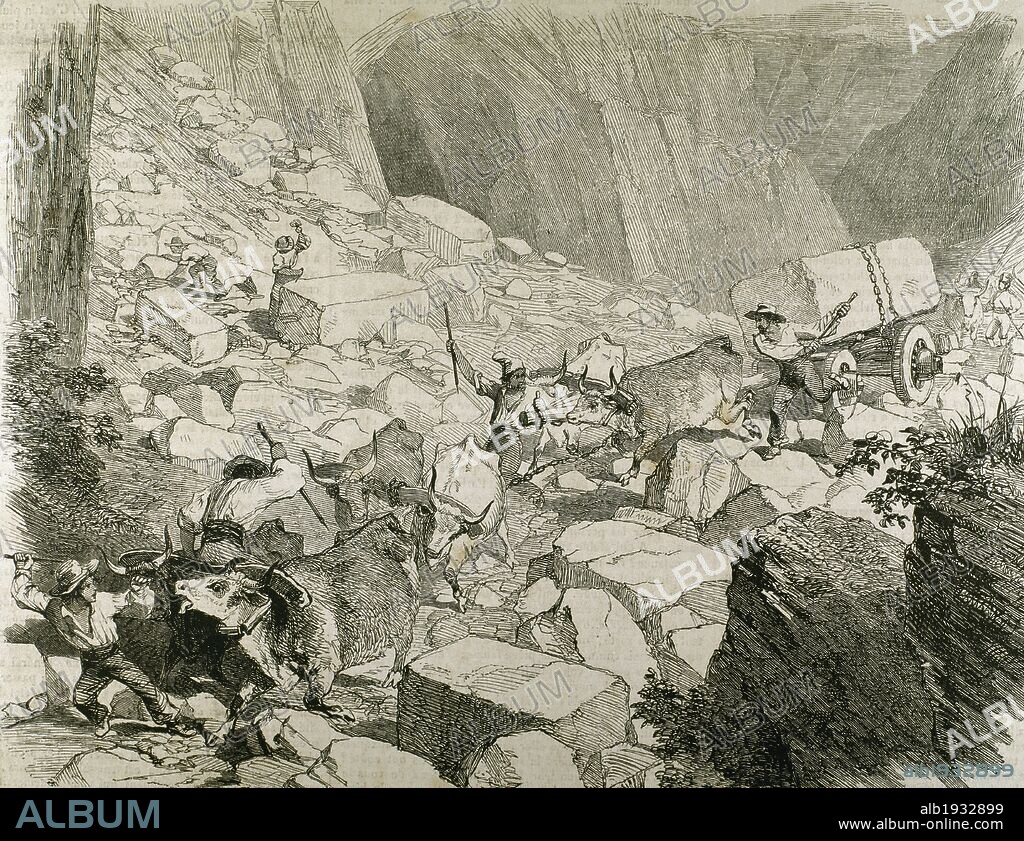 CANTERA DE MARMOL EN CARRARA. Italia. Grabado del siglo XIX.