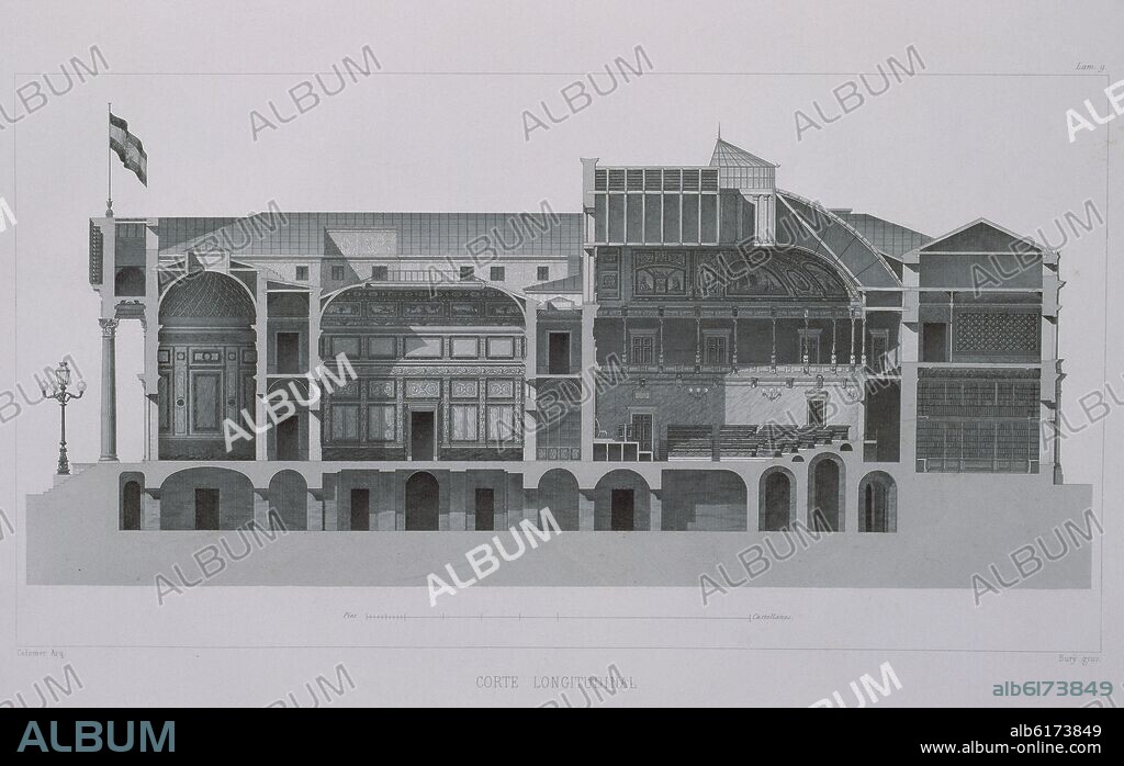 NARCISO PASCUAL COLOMER (1808-1870) ARQUITECTO. SECCION LONGITUDINAL DEL CONGRESO DE LOS DIPUTADOS - S XIX - MEMORIA HISTORICO-DESCRIPTIVA DEL NUEVO PALACIO DEL CONGRESO.
