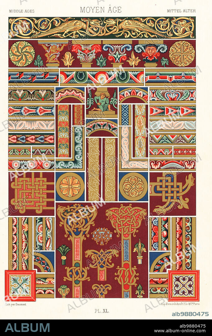 Middle Ages, Romanesque-style illuminated manuscripts. Borders, initials and decorations from the Beatus of the Apocalypse 12thC, and the Gospels of the Abbey of Luxeuil, 11thC and 12thC. Moyen Age. Hand-finished chromolithograph by Daumont from Albert-Charles-Auguste Racinets LOrnement Polychrome, (Polychromatic Ornament), Firmin-Didot, Paris, 1869-73.