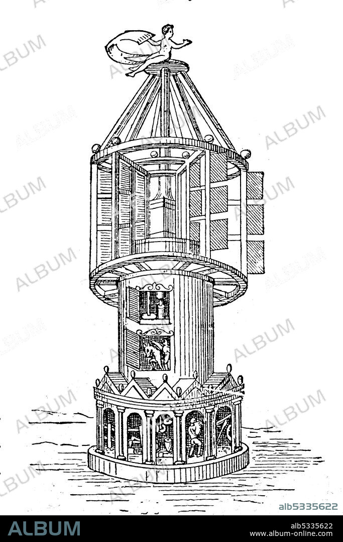 Mill with horizontal wind turbine  /  Mühle mit horizontalem Windrad, Historisch, historical, digital improved reproduction of an original from the 19th century / digitale Reproduktion einer Originalvorlage aus dem 19. Jahrhundert.