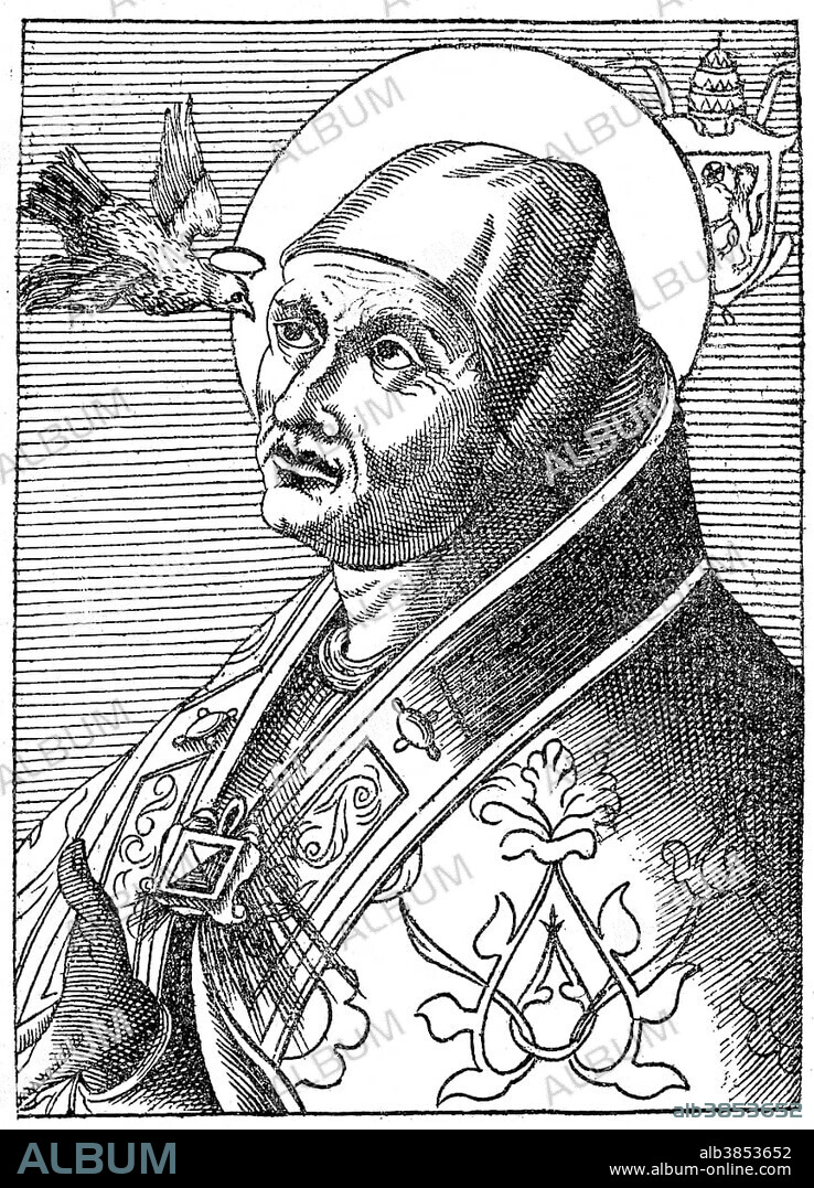 Pope Gregory I or Gregorius I, Saint Gregory the Great, St. Gregory the Dialogist, Gregor I, historical illustration.