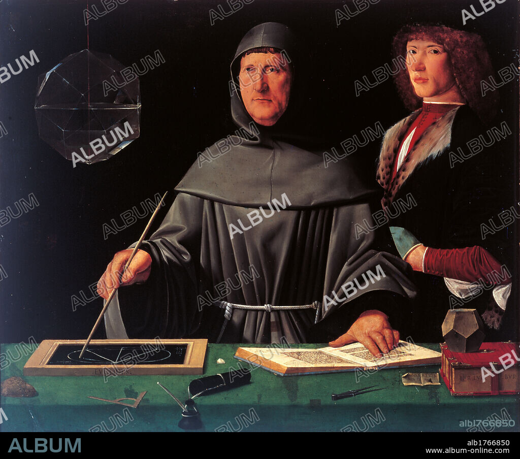 Portrait of the Mathematician Fra Luca Pacioli and His Student, by Jacopo De Barbari, 1500-1525 about, 16th Century, cm 99 x 120. Italy, Campania, Naples, Capodimonte National Museum and Galleries. All. Portrait of a man monk friar mathematician habit robes rhombicuboctahedron compasses compass book young man. Authorization required for non editorial use.