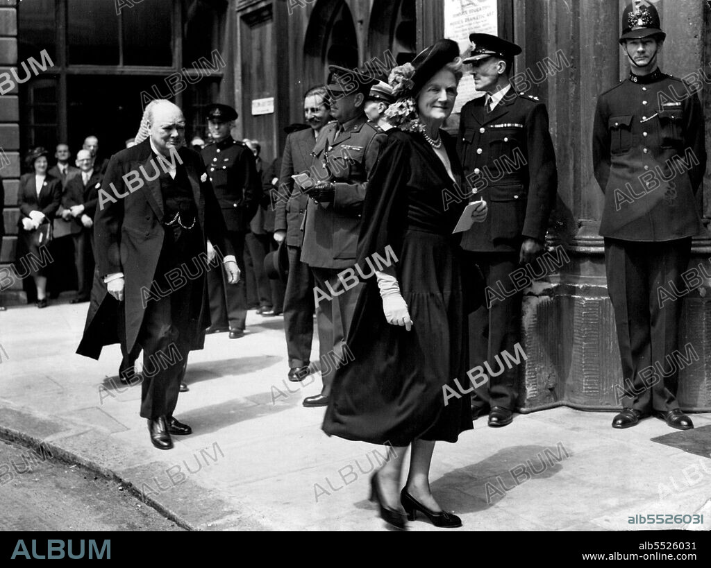 Churchill Sees Duke Of Edinburgh Receive City Freedom : Mr. Winston Churchill, preceded by his wife, arriving at the Guildhall to attend the ceremony in which the Duke of Edinburgh received the Freedom of the City of London. June 08, 1948.