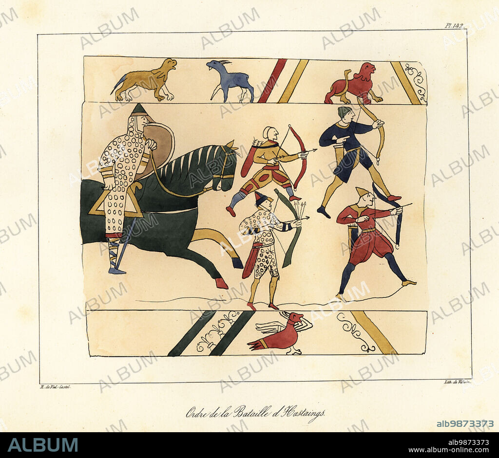 Norman archers lead the cavalry into the Battle of Hastings. Only one archer wears chainmail armour and helmet like the mounted knight behind him. Scene from the Bayeux Tapestry depicting the Norman Conquest 1066. Ordre de la Bataille dHastings. Handcoloured lithograph by Villain after an illustration by Horace de Viel-Castel from his Collection des costumes, armes et meubles pour servir à l'histoire de la France (Collection of costumes, weapons and furniture to be used in the history of France), Treuttel & Wurtz, Bossange, 1829.