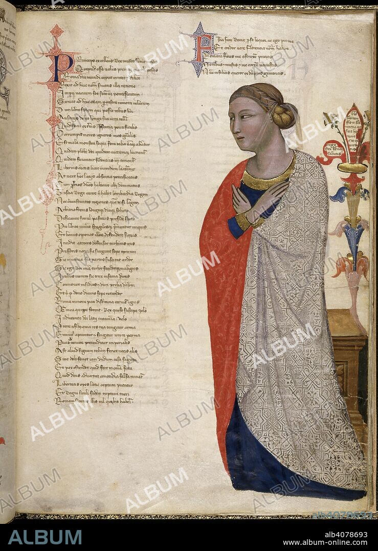 Miniature of the personification of Florence as a woman with arms folded across her chest. Address in verse to Robert of Anjou, King of Naples, from the town of Prato in Tuscany (the 'Regia Carmina'). Italy, Central (Tuscany); c. 1335-c. 1340. Source: Royal 6 E. IX, f.13. Language: Latin.