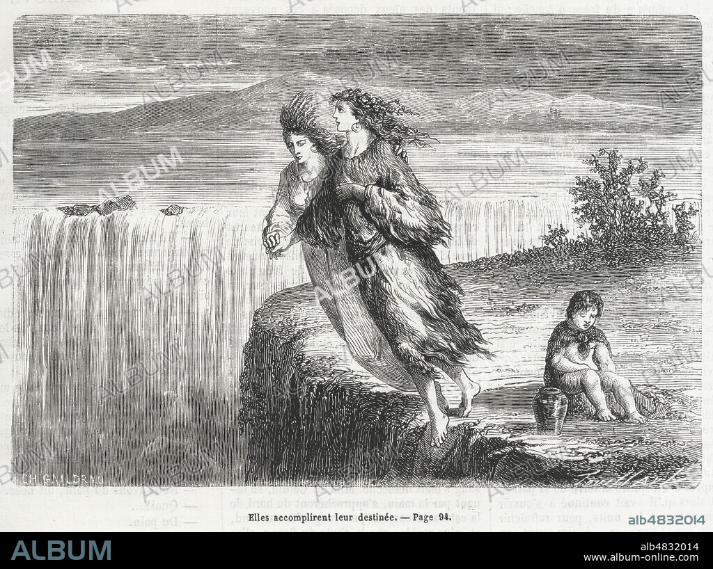 Celuta et Mila accomplirent leur destinee. Illustration de Charles GAILDRAU (19 s.) pour Les Natchez par Francois de CHATEAUBRIAND (1768-1848) repris dans Journal du Dimanche du 28 novembre 1867. Credit : Collection Jonas/Kharbine-Tapabor.