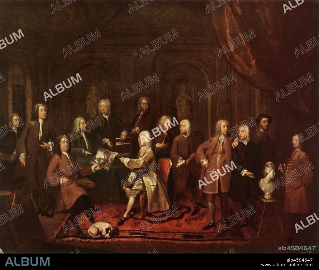 'A Conversation of Virtuosis...at the Kings Arms', 1735, (1947). Group portrait of some of the leading British artists and architects of the 1730s who used to meet at the King's Arms in New Bond Street, London: engraver Bernard Baron, landscape gardener Charles Bridgeman, painter Michael Dahl, architect James Gibbs, painter Joseph Goupy, artist Gawen Hamilton (painter of the picture), painter Hans Hysing, architect William Kent, artist Matthew Robinson, sculptor John Michael Rysbrack, antiquary William Thomas, engraver George Vertue, painter John Wootton. Painting in the National Portrait Gallery, London. From "British Clubs", by Bernard Darwin. [Collins, London, 1947].