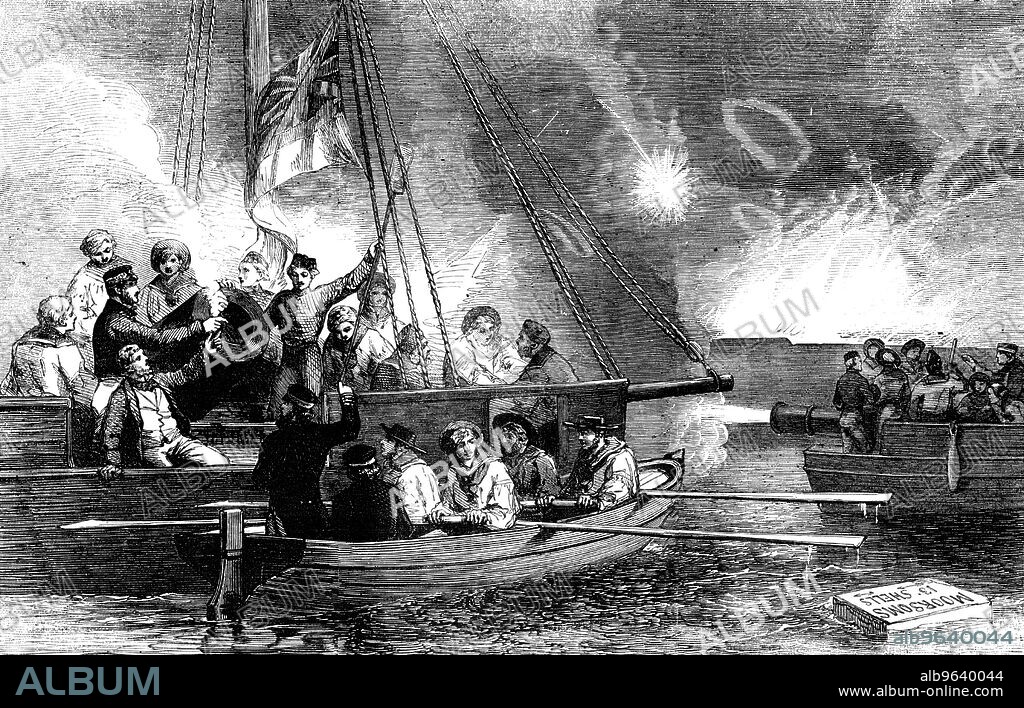 Captain Glasse, and his Chief Engineer, H.M.S. "Vulture", superintending the repairs of the Mortars during the Bombardment of Sveaborg - sketched by J. W. Carmichael, 1856. Incident from the Crimean War. '...on the 9th of August, the Allied fleets moored off Sveaborg, and sent in their gun and mortar boats to bombard the place. For ninety-six hours only their ammunition lasted; and, indeed, the very ordnance had then suffered crystallisation, and threatened to burst. The loss of the enemy is stated to have amounted to 2000 men. Numberless stores, barracks, magazines, Government buildings, and part of the Arsenal were burnt. The whole place seemed one huge fire. The Allies had, we believe, about ten or a dozen men wounded slightly'. From "Illustrated London News", 1856.