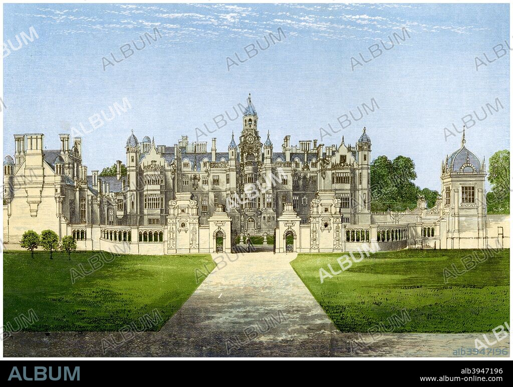 Harlaxton Manor, Lincolnshire, home of the Gregory family, c1880. The house was built for Sir Gregory Gregory between 1837 and 1845. It combines Elizabethan, Jacobean and Baroque styles. The original architect was Anthony Salvin, who was replaced by William Burn, who was responsible for much of the interior. A print from A Series of Picturesque Views of Seats of the Noblemen and Gentlemen of Great Britain and Ireland, edited by Reverend FO Morris, Volume II, William Mackenzie, London, c1880. Wood-engraved plates after paintings by Benjamin Fawcett and Alexander Francis Lydon.