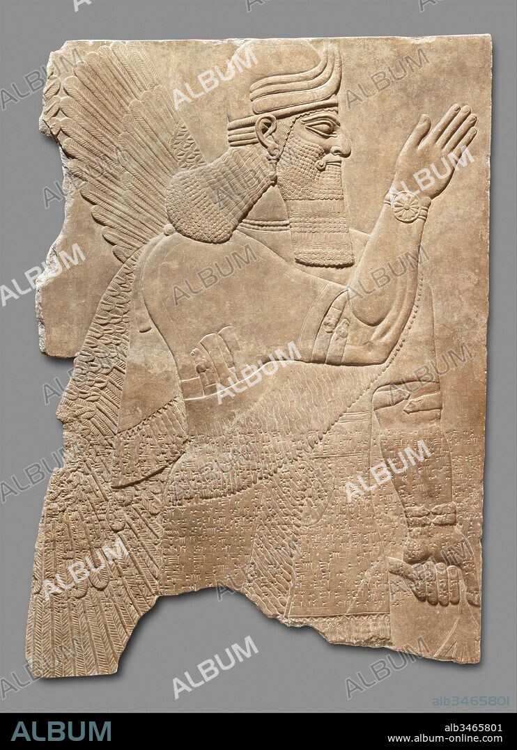 Relief panel, Neo-Assyrian, ca. 883–859 B.C., Mesopotamia, Nimrud (ancient Kalhu), Assyrian, Gypsum alabaster, 65 3/4 x 48 1/2 x 4 in. (167 x 123.2 x 10.2 cm), Stone-Reliefs-Inscribed, This panel from the Northwest Palace at Nimrud (ancient Kalhu) depicts a winged supernatural figure. Such figures appear throughout the palace, sometimes flanking either the figure of the Assyrian king or a stylized 'sacred tree.