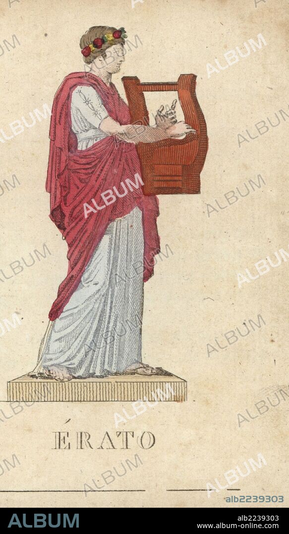 Erato, Greek muse of love poetry, with garland of flowers and cithara (lyre). Handcoloured copperplate engraving engraved by Jacques Louis Constant Lacerf after illustrations by Leonard Defraine from "La Mythologie en Estampes" (Mythology in Prints, or Figures of Fabled Gods), Chez P. Blanchard, Paris, c.1820.