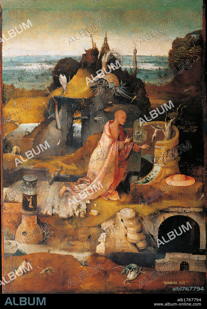 Hermit Saints Triptych, by Joren Anthoniszoon Van Aeken known as Bosch Hieronymus, 1505 about, 16th Century, oil on panel, cm 86,5 x 60each panel. Italy, Veneto, Venice, Doges Palace. Central panel St Jerome among the remains of a pagan temple mantle hat.