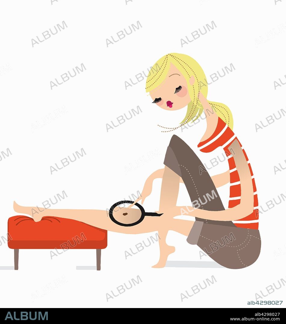 Woman with magnifying glass examining spot on leg.