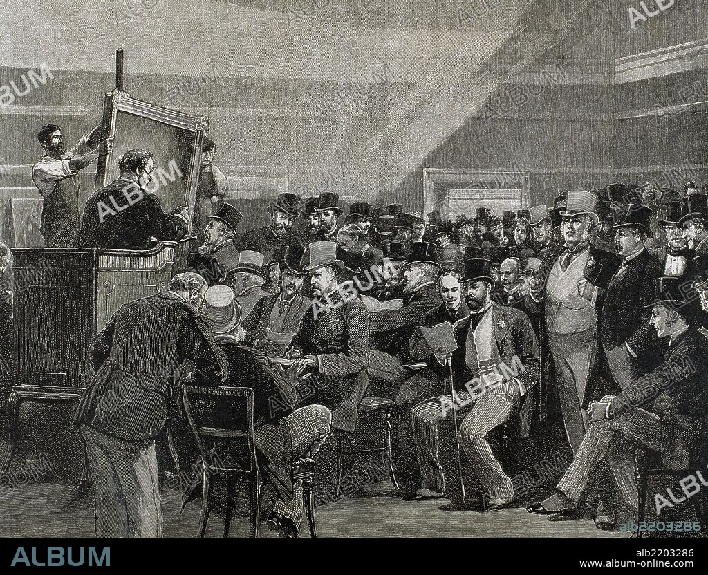 SOCIEDAD SIGLO XIX. "SALA DE SUBASTAS EN LONDRES". INGLATERRA. Grabado del año 1888. "La Ilustración Ibérica".
