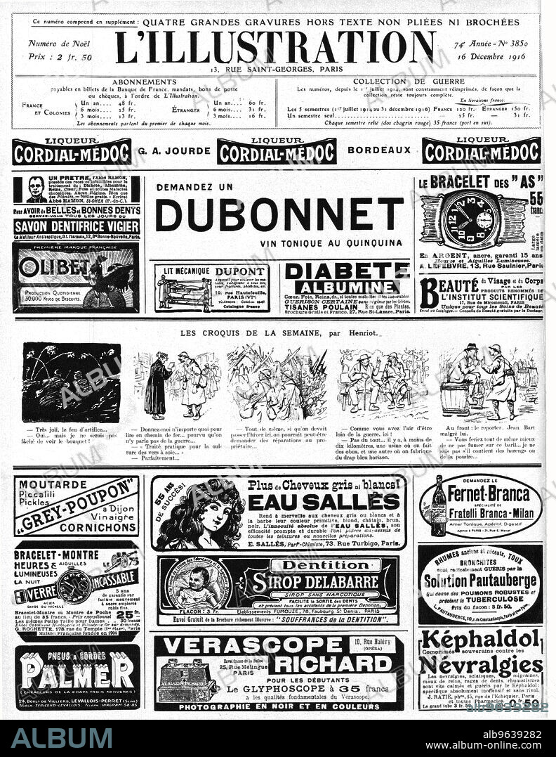 'L'Illustration; 13, Rue Saint-Georges, Paris. Decembre 1916. Promotionnel', 1916. From "Collection de la Guerre IV. L'Illustration Tome CXLVIII. La Guerre Juillet, Aout, Septembre, Octobre, Novembre, Decembre 1916". (Promotional advertising in l'Illustration, 1916).