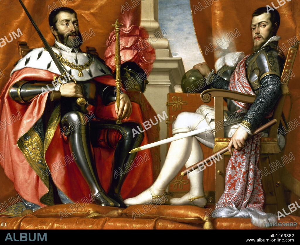 Philip II (1527-1598) and Charles I (1500-1558). Kings of Spain. Portrait by Antonio Arias. Prado Museum. Madrid. Spain.