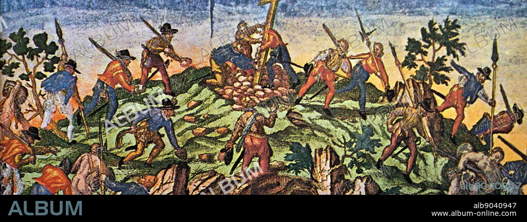 Painting depicting Vasco Núñez de Balboa planting a cross on the Isthmus of Panama. Vasco Núñez de Balboa (1475-1519) a Spanish explorer, governor, and conquistador. He is best known for having crossed the Isthmus of Panama to the Pacific Ocean. Dated 16th Century.