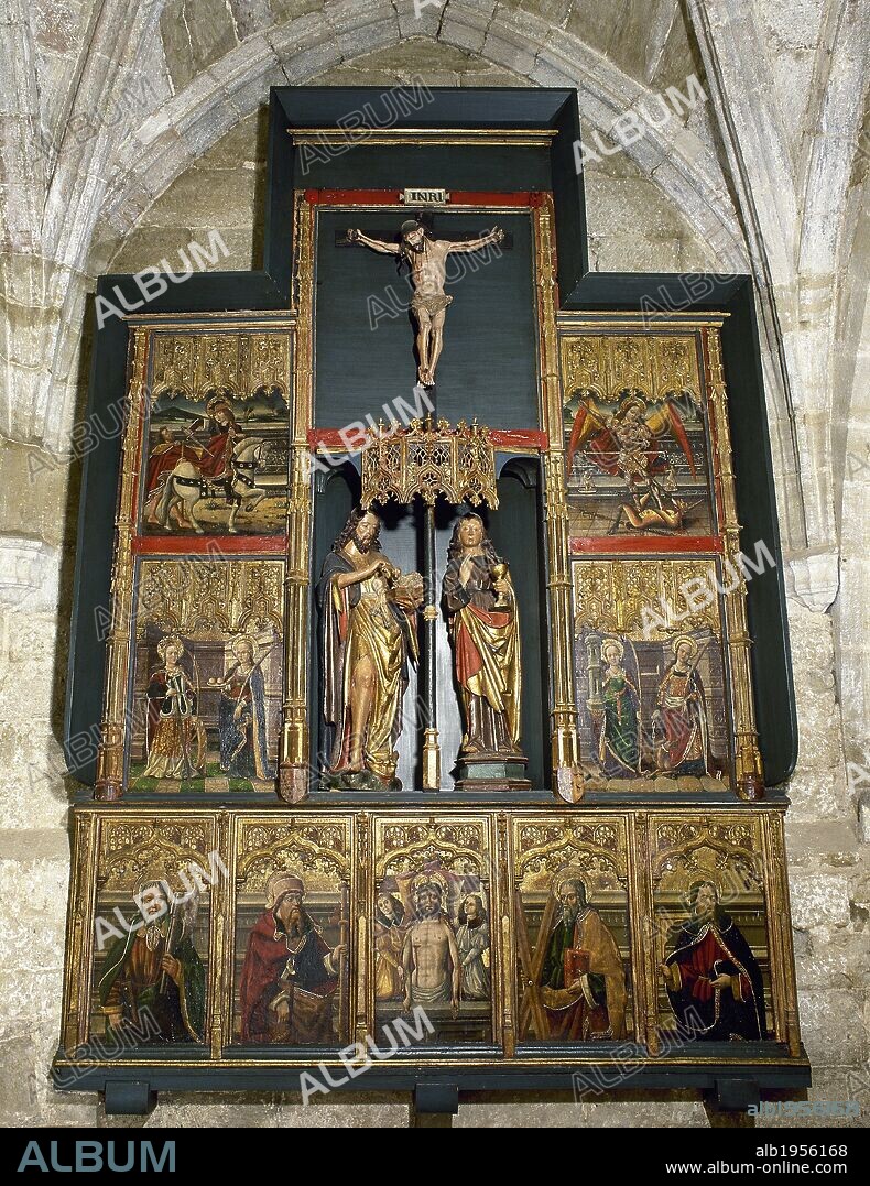ARTE HISPANICO-GOTICO. ESPAÑA. PARROQUIA DE SAN ESTEBAN. "RETABLO DE LOS SANTOS JUANES". Preside la capilla del Escolar. Retablo gótico de finales del siglo XV o principios del XVI. La hornacina central alberga dos tallas de los SANTOS JUANES. MURUZABAL (Valdizarbe). Navarra.
