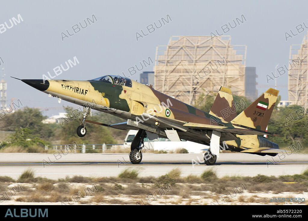 An Islamic Republic of Iran Air Force (IRIAF) HESA Saegheh I aircraft landing at Kish International airport during the Iran Airshow 2018.