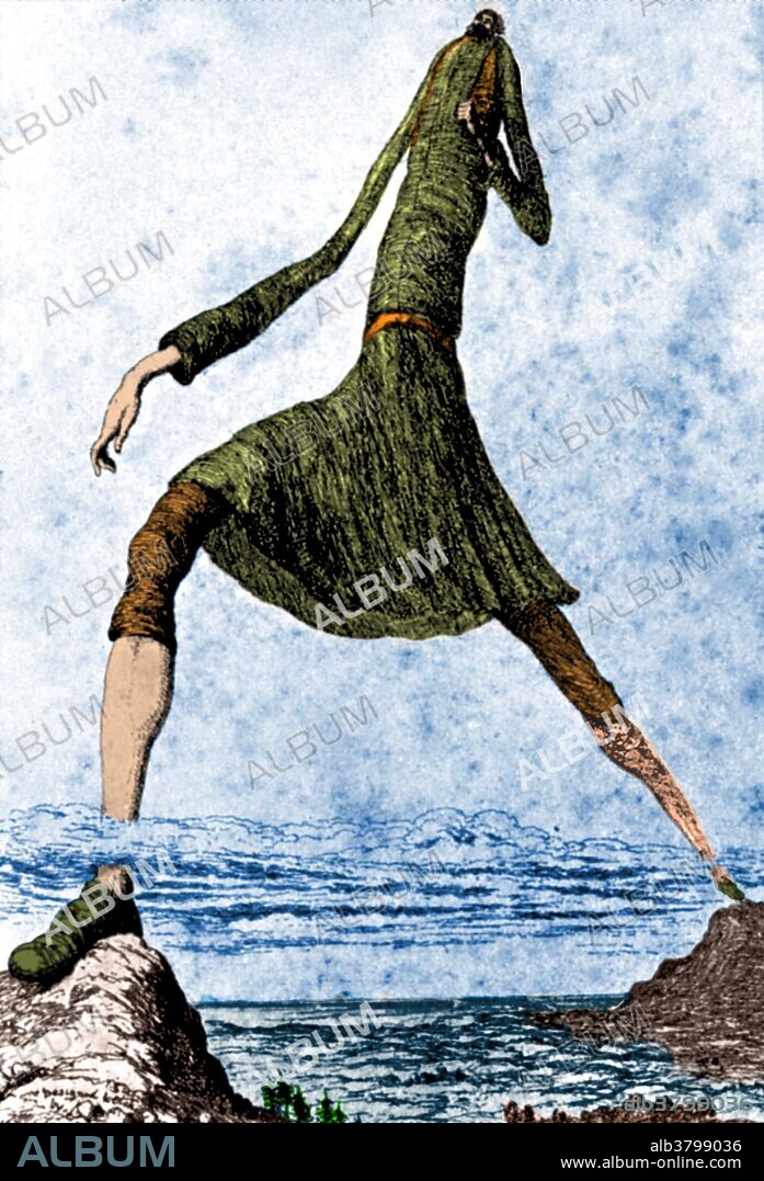 Color enhancement of George Cruikshank's illustration of the Giant Bolster striding from St Agnes Beacon to Carn Brea, a distance of six miles, for Robert Hunt's, Popular Romances Of The West Of England (1865). Bolster fell in love with the beautiful St Agnes, only to be betrayed and fooled into killing himself. He terrorized the countryside and was rumored to eat children and people at random. Agnes asked him to fill a nearby hole in the cliff at Chapel Porth with his blood to prove his love for her, knowing that there is a crack in the hole which runs out to the sea. Bolster cut himself to fill the hole and died due to blood loss. George Cruikshank (September 27, 1792 - February 1, 1878) was an English caricaturist and book illustrator. Color.